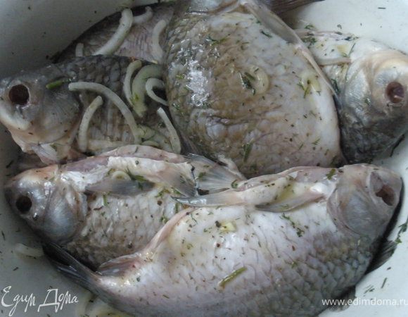 Рыбу очистите от чешуи и внутренностей, удалите жабра и глаза (придают горечь), хорошо промойте и высушите бумажным полотенцем. Приготовьте маринад: смешайте оливковое масло с лимонным соком, добавьте с свежемолотый перец и укроп, по желанию можете добавить соль (я не добавляла, поскольку для меня было достаточно вкуса лимона), 5г ванильного сахара (приносит в блюда легких воздушный вкус), нарезанный полукольцами лук. Этим маринадом залейте и хорошо перемешайте рыбу, стараясь чтобы маринад попал и вовнутрь рыбы.