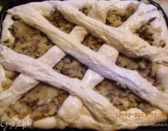 На противень выкладываем почти всё тесто, сверху начинку, затем делаем сетку из остатков теста. Выпекаем 30-40 минут при 200-220 гр.
Приятного аппетита!