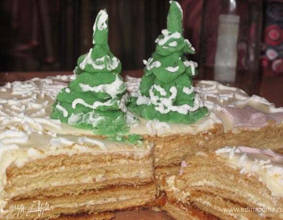 Поверхность смазать водкой.Формочкой для печенья вырезаем звёзды. звёзды и ёлочки устанавливаем на снежное поле.Разрисовываем айсингом.раскрашиваем детали серебряной краской.И ВСЁ!Ночь торт провёл в холодильнике а на следующий день он поехал в гости, где его с аппетитом слопали))