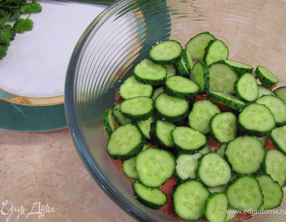Нарезаем кружками огурцы и точно также солим каждый слой.