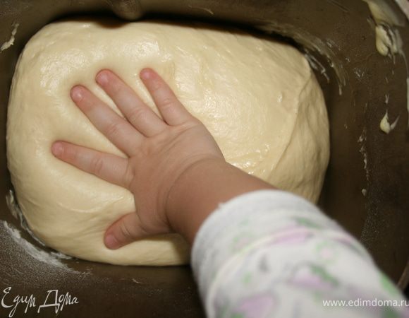 Замесить тесто. Мне в этом помогали хлебопечка, режим "пицца" 45 минут и маленькая дочка:) Если ее (хлебопечки. ну и дочки тоже...) нет, тесто делается так:
дрожжи засыпать сахаром и залить теплым молоком, после того как они растворятся добавить половину муки и оставить тесто минут на 10-15 подняться.
Добавить в тесто сливочное масло, яйцо, соль. Перемешать и добавить оставшуюся муку. Оставить еще подняться минут на 20.
