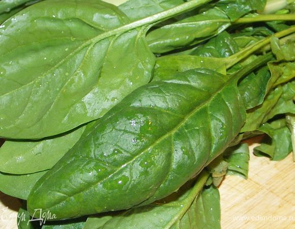 Вымытый шпинат крупно порезать.Выложить на рыбу.