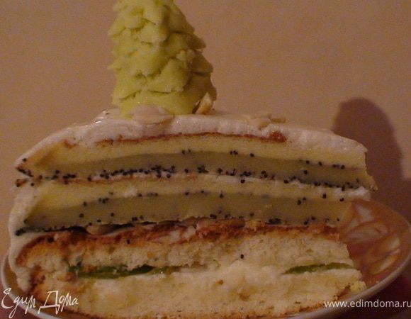 Белок отделяем от желтка. Взбиваем белок в пену добавляем после сахар и дальше взбиваем добавляем желтки взбиваем, после добавляем муку взбиваем. получившуюся  смесь ставим в духовку прогрету до 180гр ставим на 40мин.
После взбиваем еще один такой же только последнее добавляем мак и ставим в духовку.
Он у меня не получился потому что открыла и он сел. но и здесь выкрутилась порежала в виде дуги и сделала как горкой
