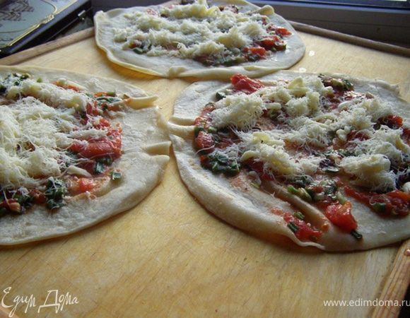 посыпем смесью сыров (где-то по одной ст ложке на каждую лепешку), 