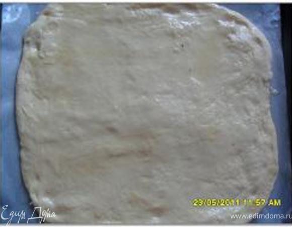 Противень выложить пергаментной бумагой, смазать жиром, выложить раскатанное тесто на противень