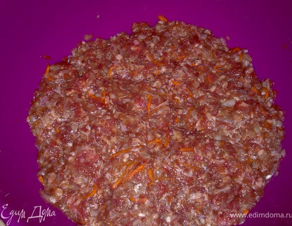 мясной фарш, нарезанный лук, натёртую морковь, рис, яйцо, добавить специи по вкусу и размешать всё вручную до однородной массы.
