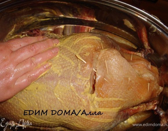 Сколоть зубочистками брюшко гуся (или зашить), обмазать всего гуся горчицей.