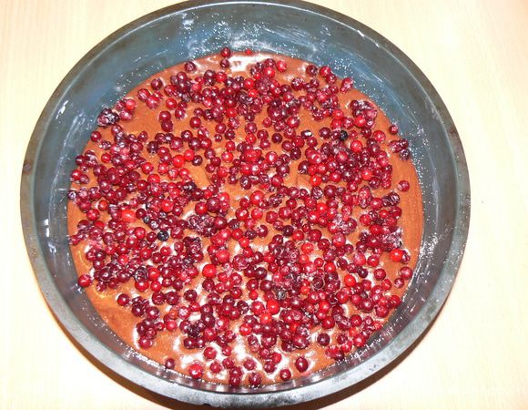 Выложить густое темное тесто в форму.На него высыпать бруснику.