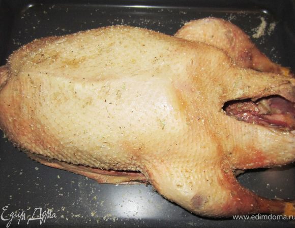 Половину смеси высыпьте равномерно на внутреннюю часть туши, половину натрите снаружи. Натирайте тщательно, чтобы пряности и специи хорошо прилипли к коже.