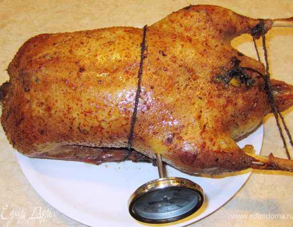 Теперь запекание. Нагрейте духовку до 220 градусов. Положите гуся на один бок на противень, плесните в противень пол стакана воды.
Запекайте так гуся в течение 15 минут, затем переверните гуся на другой бок.
Запекайте так гуся еще 15 минут, а затем положите его на грудку (спинкой вверх).
После 15 минут положите гуся на спинку и уменьшите температуру до 170 градусов.
Теперь поливайте вытопившимся жиром вместе с соками гуся каждые 20 минут. Запекайте гуся около двух часов или трех, если гусь больше 5 килограммов.
Если у вас есть мясной термометр, воткните его в самое толстое место - в бедро и следите, чтобы температура поднялась как минимум до 80 градусов.

Достаньте гуся из противня, срежьте все нити и оставьте подходить и релаксировать гуся минут пятнадцать.