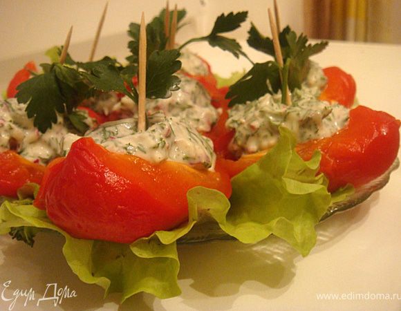 Тем временем- приготовим наполнитель- редис натереть на крупной терке. Укроп и чеснок мелко порубить. посолить,поперчить, заправить сливочным сыром.
Уложить башмачки-перцы на блюдо для подачи на стол- в каждый башмачек положить на дно-кусочек сыра, сверху чайной ложкой наполнить перчики начинкой. Воткнуть зубочистки (для легкого употребления закуски) и можно украсить веточками петрушки.
