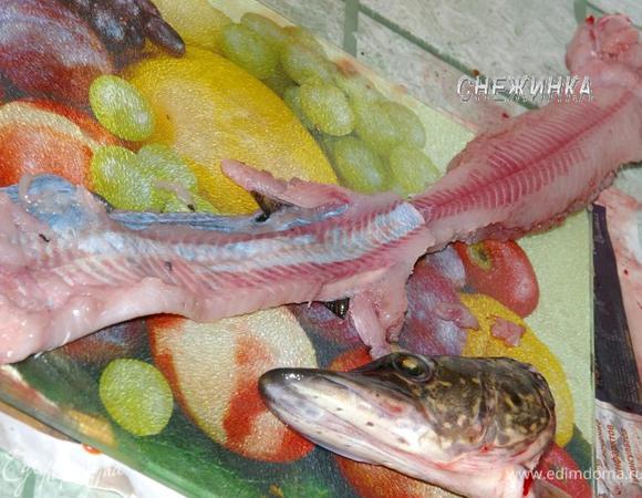 Итак, для начала очищаем щуку от чешуи, отрезаем голову. Вынимаем внутренности через образовавшуюся дырку, НЕ РАЗРЕЗАЯ брюшко. Вынимаем из головы жабры, аккуратно, они колючие! Моем рыбу снаружи и внутри. Теперь надо снять кожу. Начинаем со стороны головы выворачивать ее наизнанку, надрезая аккуратно ножиком присоединяющиеся к ней части, чтобы не повредить кожу. 