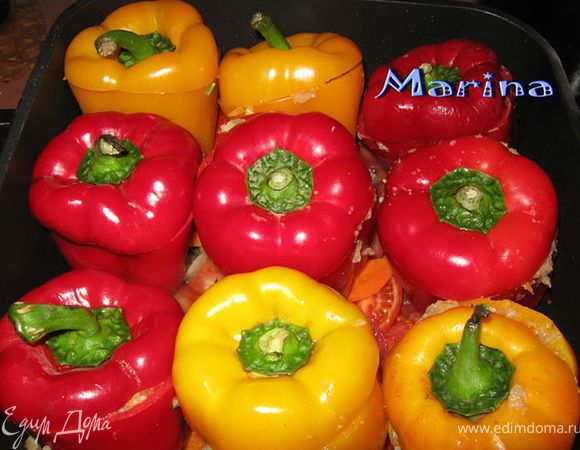 .Морковку и репчатый лук мелко нарезать и обжарить на сливочном масле.  Рис отварить до полуготовности. 
В миску положить  фарш, рис, овощи, вбить яйцо - посолить и поперчить. Хорошо все перемешать. . С перца срезать крышечку, убрать семена. Наполнить перцы фаршем. Морковку и лук нарезать ломтиками. Обжарить на масле.Добавить ломтики помидорок и все вместе дожаривать. Посолить и поперчить. Выложить на дно кастрюли, сверху выложить фаршированные перцы. Зелень измельчить и посыпать сверху перцев.
Залить перцы мясным бульоном. Поставить на огонь, довести до кипения. уменьшить огонь и варить до мягкости перцев - примерно 30 минут. Подавать, полив получившимся соусом.
