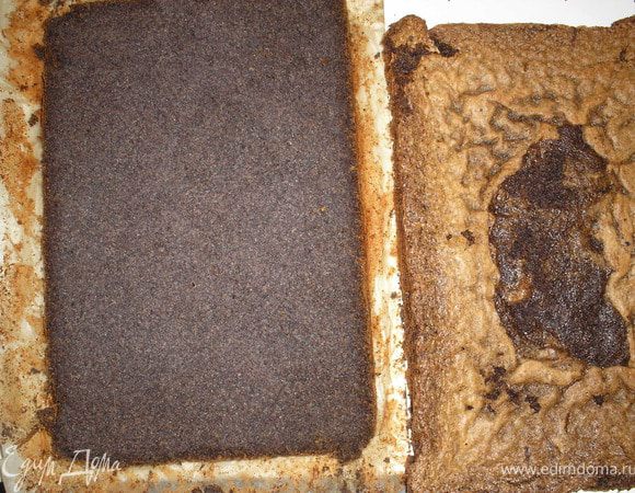 Сборка: маковый корж разрезаем пополам.
