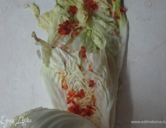 Возьмите капусту и тщательно смажьте каждый лист (или через один) смесью красного (острого или полуострого) перца и чеснока. Для этого соедините 2 части перца и 1 часть чеснока, пропустите все через мясорубку, добавьте немного соли и перемешайте. Количество острой смеси определяйте исходя из желаемого результата.