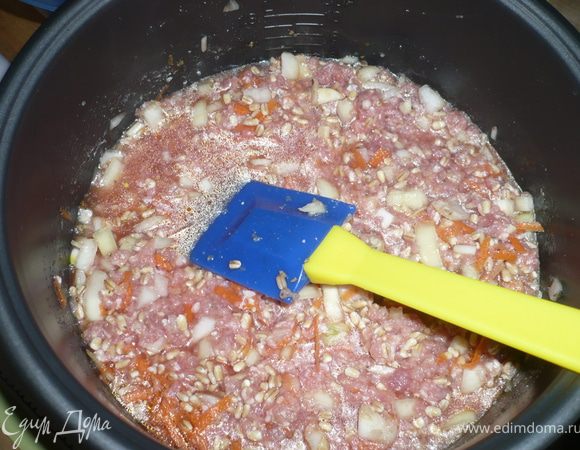 посолить, добавить специи и влить холодную воду, все перемешать, поставить на режим "плов"