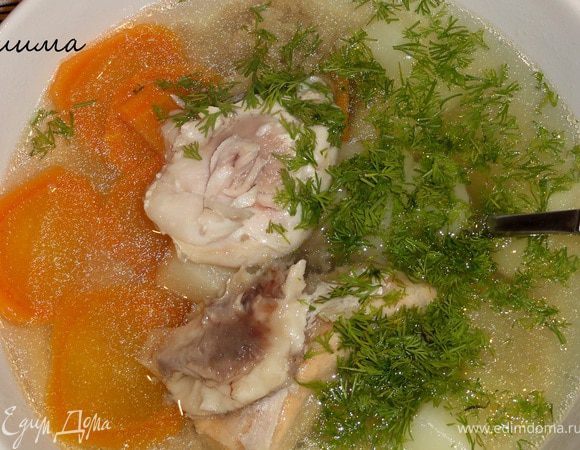 Уха готова! Подайте ее с кусочком рыбы (особенно вкусны щечки у щучьих голов!) и зеленью укропа. Приятного аппетита!

