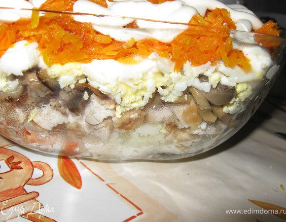 Выкладываем всё слоями и на каждый слой наносим сеточку из майoнеза. Майoнез выложить в пакет, проделать в пакете дырочку и выдавить майoнез в виде сеточки.
Слои
Картофель, натёртый на крупную тёрку.
Курица.
Грибы с луком.
Яйца.
Морковь.
