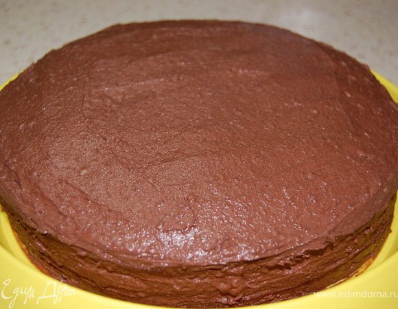 Собираем торт: На один корж выкладываем половину крема, накрываем вторым коржом, выкладываем остальной крем. Ножом необходимо разровнять крем по всей поверхности торта (бока так же)