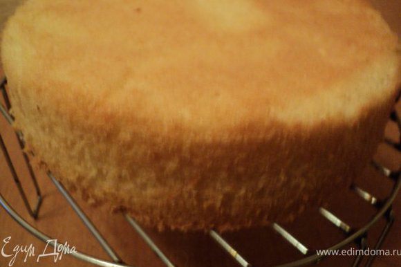 Дно формы для выпечки ( 18см) застелить бумагой для выпечки, смазать маслом, вылить тесто, покрутить форму по часовой стрелке. Выпекать при температуре 170 градусов 15-20мин. Охладить , перевернув бисквит на решетку.