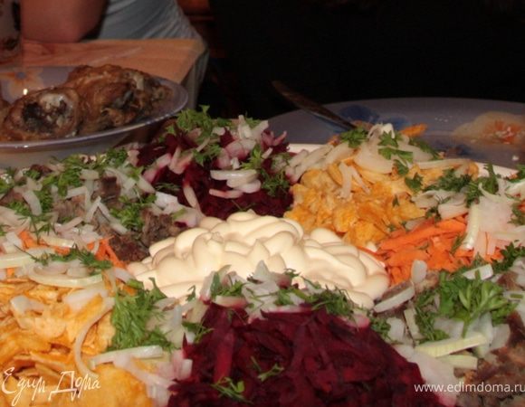 Выкладываем по кругу свеклу, чипсы, морковь, мясо, затем снова свеклу, чипсы, морковь и мясо. Майонез выкладываем посередине. Посыпаем сверху луком и рубленными травами.

--- Перемешиваем уже на столе непосредственно перед раскладыванием по тарелкам.