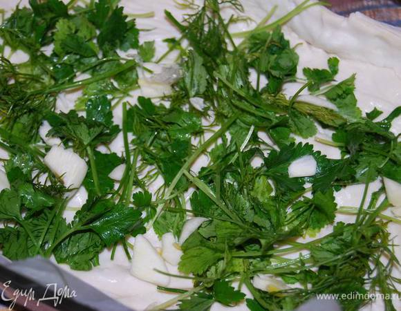 Выкладываем тесто в форму,сделав небольшие бортики в 3-4 см. На него - ароматные зеленые травы и другие ароматы по вашему вкусу и желанию. Я добавила два крупно порезанных зубчика чеснока и зерна сушеного укропа. 