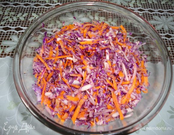 натереть на крупной терке краснокочанную капусту ,морковь,яблоко без кожуры,кольраби.Лук нашинковать полукольцами,посолить и перемешать.