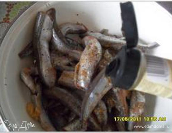 Обработанные тушки мойвы посыпать солью, перцем, имбирем, сбрызнуть уксусом (у меня был винный)
