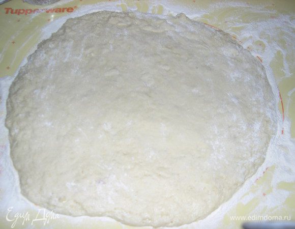Тесто выложите на присыпанный мукой стол или коврик, сверху тоже присыпьте мукой и руками сформируйте лепешку.