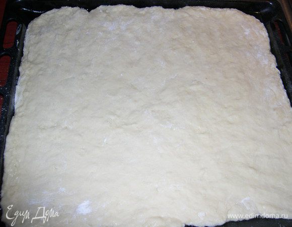 Противень смажьте растительным маслом, возьмите лепешку и переложите на противень, разровняйте руками.