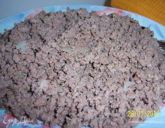 Начинка№1 Мясной фарш обжарить. Лук(2шт.) почистить,нарезать на мелкие кубики и обжарить вместе с фаршем до золотистого цвета. Добавить специи по вкусу.