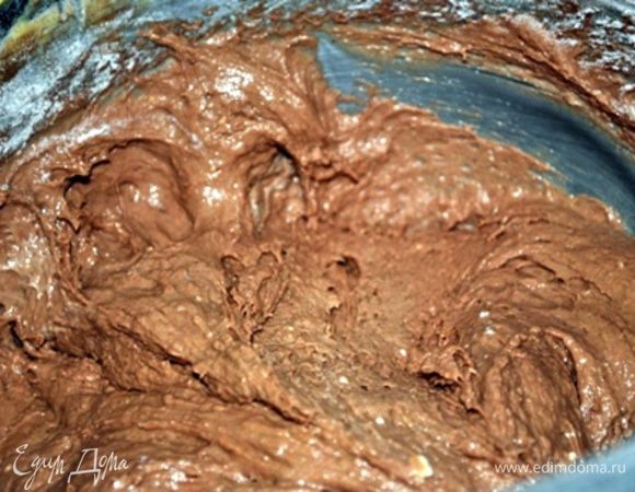 В миске взбить масло с сахаром и ванильным сахаром в пышную массу. Не переставая взбивать добавить по одному яйцу. Добавить творог и хорошо перемешать.
 В отдельную миску просеять муку, разрыхлитель какао и пудинг-порошок, перемешать и поочереди со сливками ввести в мяслянно-яичную массу.
