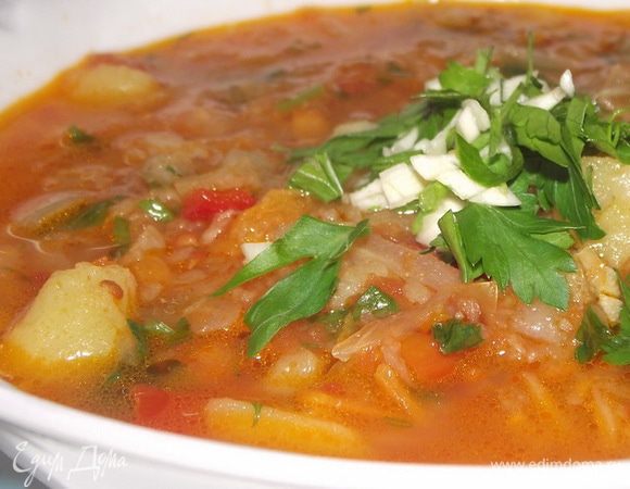 1) За кипятить бульон,вкинуть картошку и варить до готовности
2) В это же время на сковороду с маслом всыпать капусту с половиной моркови и тушить под крышкой до готовности( если нужно ,то подливать немного кипяченной воды)
3) На сковороде жарить лук,когда он станет прозрачным,то добавить морковь,сельдерей,корень петрушки,пастернак,перцы.Тушим до готовности,в конце добавить томатный соус( у меня где то 150 гр соуса ушло)
4) С бульона выбрать немного картофеля,помять его и вкинуть обратно в бульон.
5) В бульон с картофелем высыпаем капусту и овощи
6)Все смешать,посолить,поперчить.Пусть потомится все минут еще 15.Затем добавить зелень и чеснок и выключить плиту.
7) Хорошо такие щи готовить на ночь.Когда щи настоятся,они становятся еще вкуснее

Смачного.