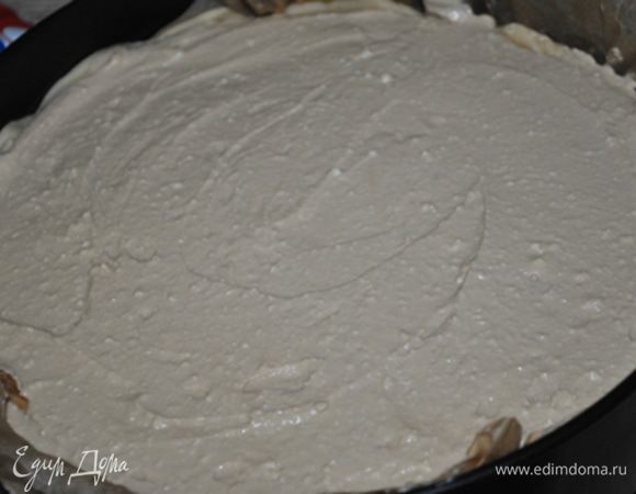 На шоколодную прослойку выложить творожный наполнитель.Для этого в творог добавить распущенный в воде кофе с 2 ст.л.рома.Добавить сахар,ванильный сахар,яйца и крахмал.Тщательно перемешать до однородности. Лучше и проще сделать это блендером.