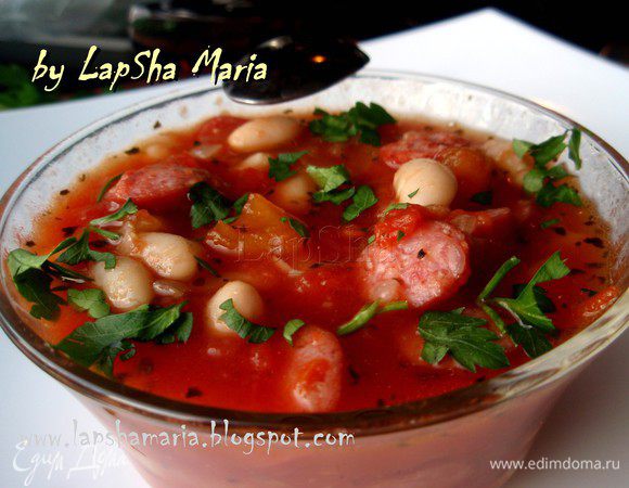 Поставить все вместе на огонь и дать прогреться минут 5. И можно подавать ароматный, сытный и очень вкусный супчик к столу! Приятного аппетита!