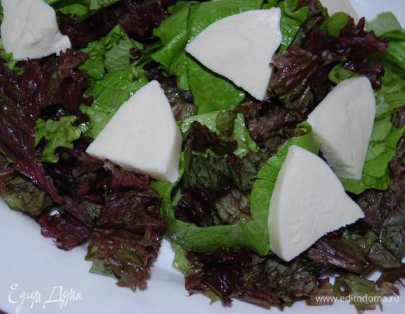 Листья салата нарежем крупно, выложим на них крупно порезанную моцареллу.