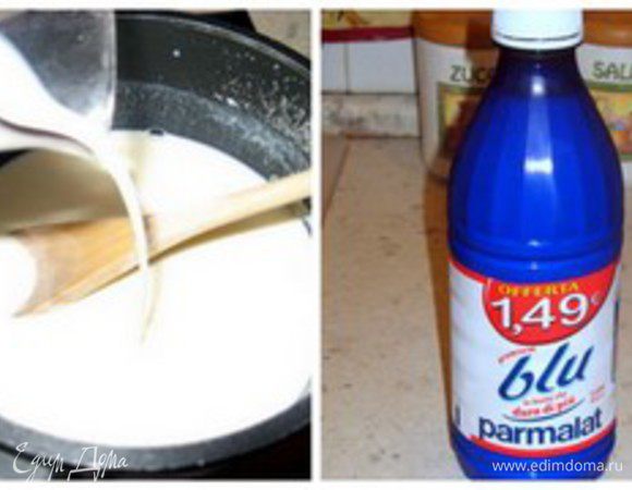 Теперь добавляем тёплое молоко, хорошо перемешиваем и возвращаем кастрюлю на тихий огонь.
