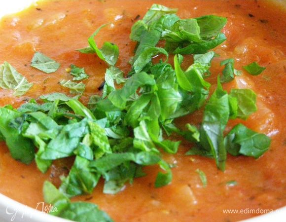 Будем томить около 20 минут на медленном огне, пока томаты не станут мягкими и лишняя жидкость не выкипит. Добавим сахар, соль перец. Готовый соус выложим в миску, остудим, добавим мелко нарезанную мяту