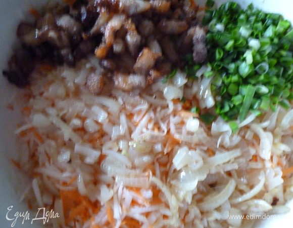 Теперь к редьке с морковкой добавим обжаренный бекон,лук вместе с маслом,зеленый лук ,если надо досолим и перемешиваем.Даем салату минут 10 настояться и можно подавать.Приятного вам аппетита:)