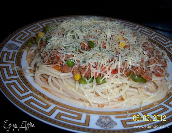 готовые спагетти выкладываем на бдюдо, наливаем подливу и натереть сыр. Приятного аппетита!!!