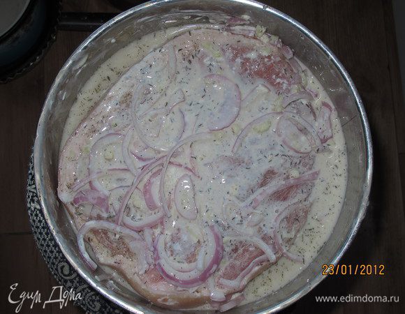 В сметану добавить 1/2 ч.л. сахара, примерно, немного соли и хорошо перемешать. Мясо обмазать сметаной рукой, со всех сторон и положить в маринад. 30 минут оно постоит. Затем переложить его в форму для запекания, вылить туда весь маринад и в духовку.