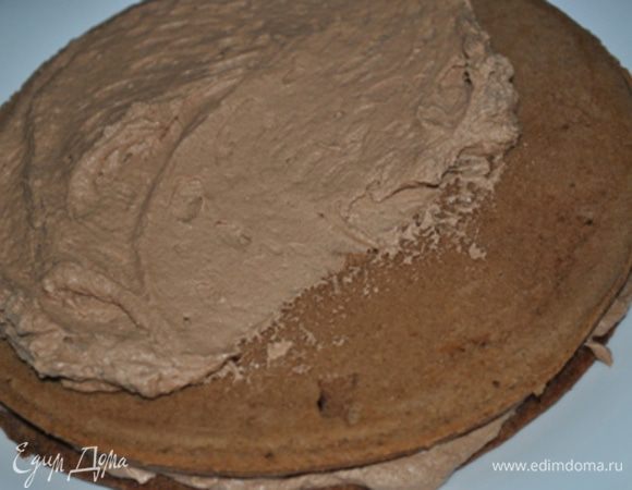 Остывшие коржи перемазать готовым кремом. По желанию коржи можно предварительно пропитать сиропом.