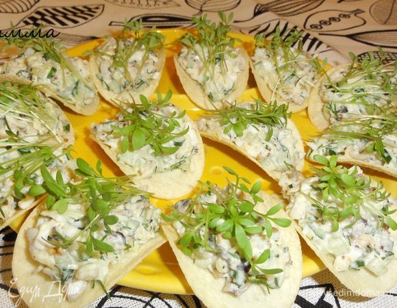 Выложите закуску на чипсы и украсьте свежим кресс-салатом