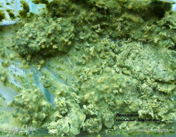 Песто у меня упрощенный (если честно, пармезан планировал добавлять, но вылетело из головы). Соединить листики базилика, орехи и хорошо растереть в блендере, постепенно подливая масло (густоту регулировать по вкусу). Переложить массу в посуду, пригодную для замораживания и отправить в морозильную камеру, примерно на 2-3 часа. 