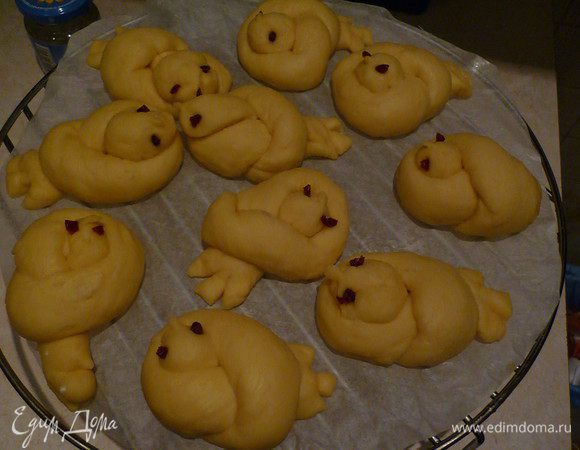 Каждый шарик раскатайте в жгут длиной 15 см. Завяжите каждый жгут узлом. Одному концу придайте форму птичьей головки, вылепив пальцами клюв, вдавите в тесто 2 половинки изюминки - глазки. Второй конец жгута расплющите так, чтобы прочно усадить "птичку" на противень, и сделайте на нем несколько надрезов в форме птичьего хвоста. Накройте заготовки полотенцем и дайте постоять еще 25-30 минут.