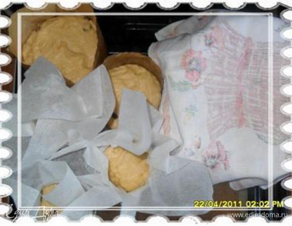 Затем добавить изюм в подошедшее во второй раз тесто.
Тесто разложить по формам (я для выпечки использовала также банки жестяниые из под кукурузы и горошка) и поставить на дверцу духовки, чтобы оно еще немного поднялось