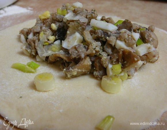 на каждую лепешку выложить примерно по 2ч.л.начинки.Края лепешки смазать взбитым яйцом.