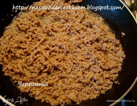 Теперь займемся начинкой… Обжарить фарш минут 5 … Я масло не добавляла совсем…посолить, поперчить… Добавить мелконарезанный лук и чеснок, пропущенный через пресс…