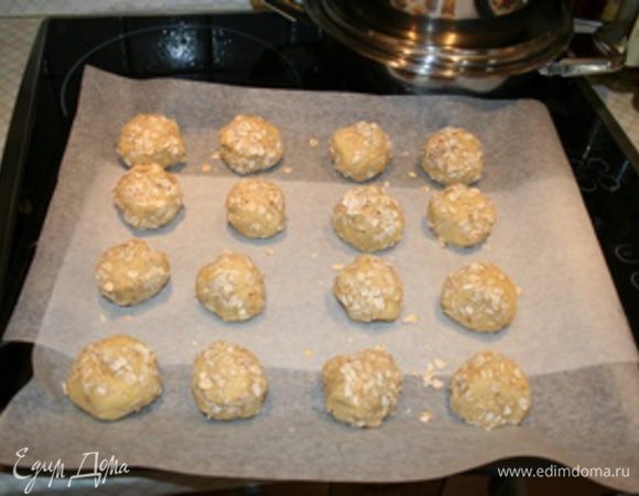 Овсяные хлопья насыпать в миску. Противень выстелить листом пергамента. Скатать из теста шарики величиной с куриное яйцо. Каждый шарик обвалять в овсяных хлопьях и выложить на противень на расстоянии 5 см друг от друга. Оставить на 20 минут.