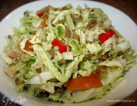 Подала с салатом:
соломкой листья салата,перец болг.,яблоко и огурец на крупной тёрке,репа на мелкой тёрке,чечевица,полить подс.маслом.